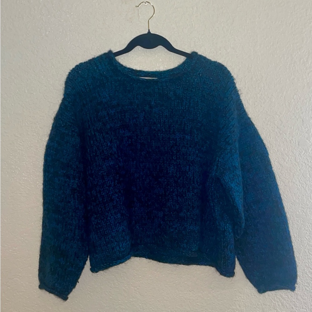 100% Wool Hand Knit Cozy Blue Sweater